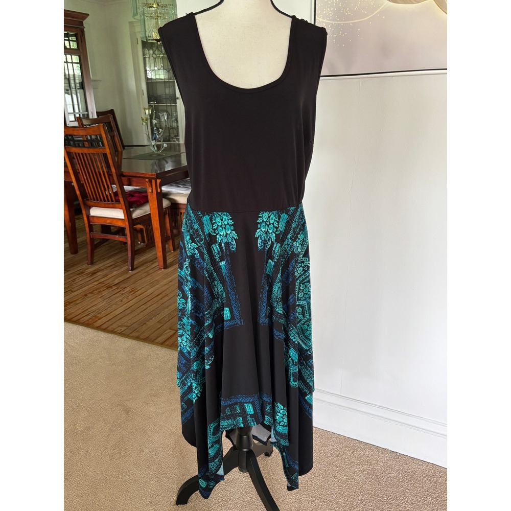Olivia Matthews Midi Dress Sz 3X Black Teal Blue Handkerchief Hem Sleeveless